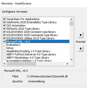 Dialog „Verweise – InsertScrews“ im VBA-Editor mit aktiviertem Eintrag „Microsoft XML, v6.0“